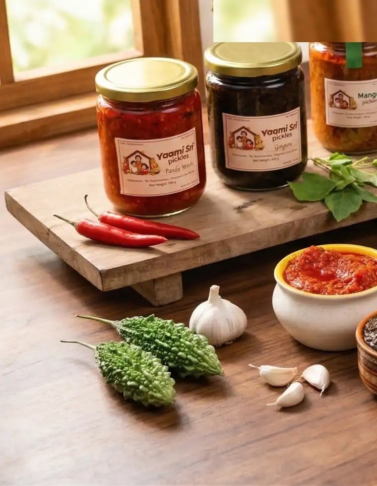 Authentic Andhra pickle jars with fresh chillies and gongura